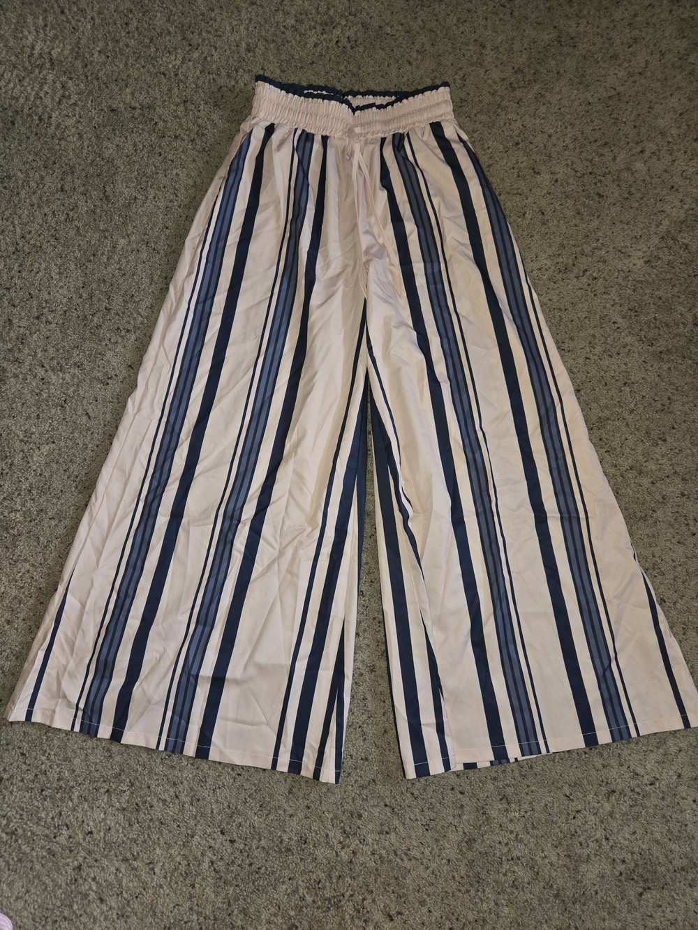 Striped Wide-Leg Elastic Waist Pants - Navy and Cream